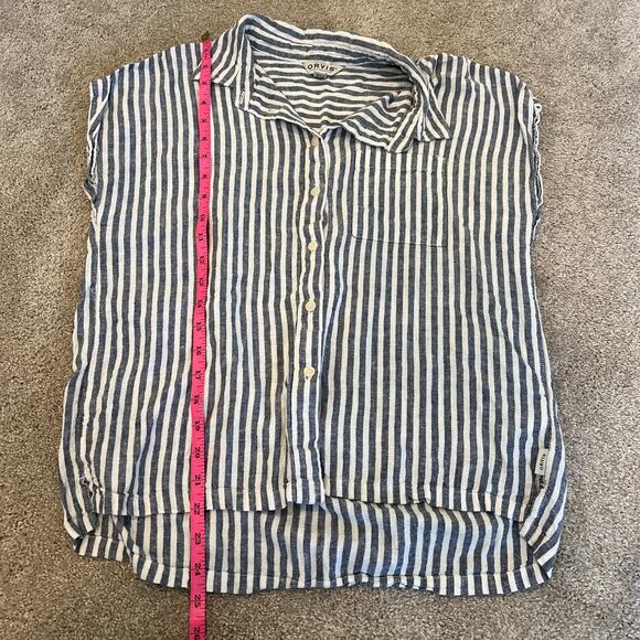 Orvis Women's Linen Button Down Shortsleeve Top Blue White Stripes Size S - Picture 8 of 9